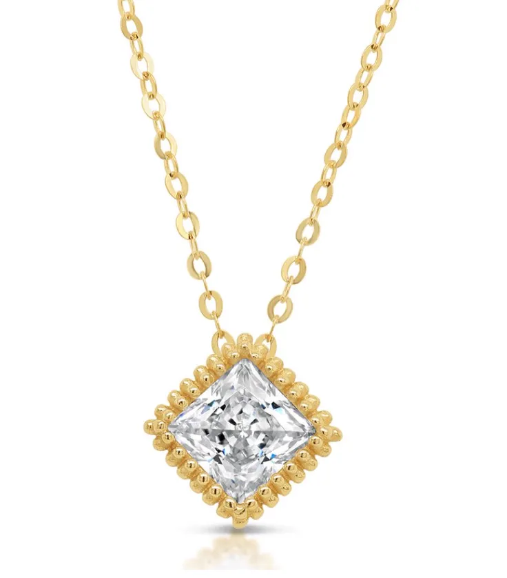 14K Gold Double Row Milgrain Princess Cubic Zirconia Pendant Necklace with Adjustable Cable Chain