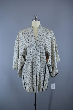 1950s Vintage Silk Haori Kimono Jacket Cardigan / White & Blue Shibori Dyed