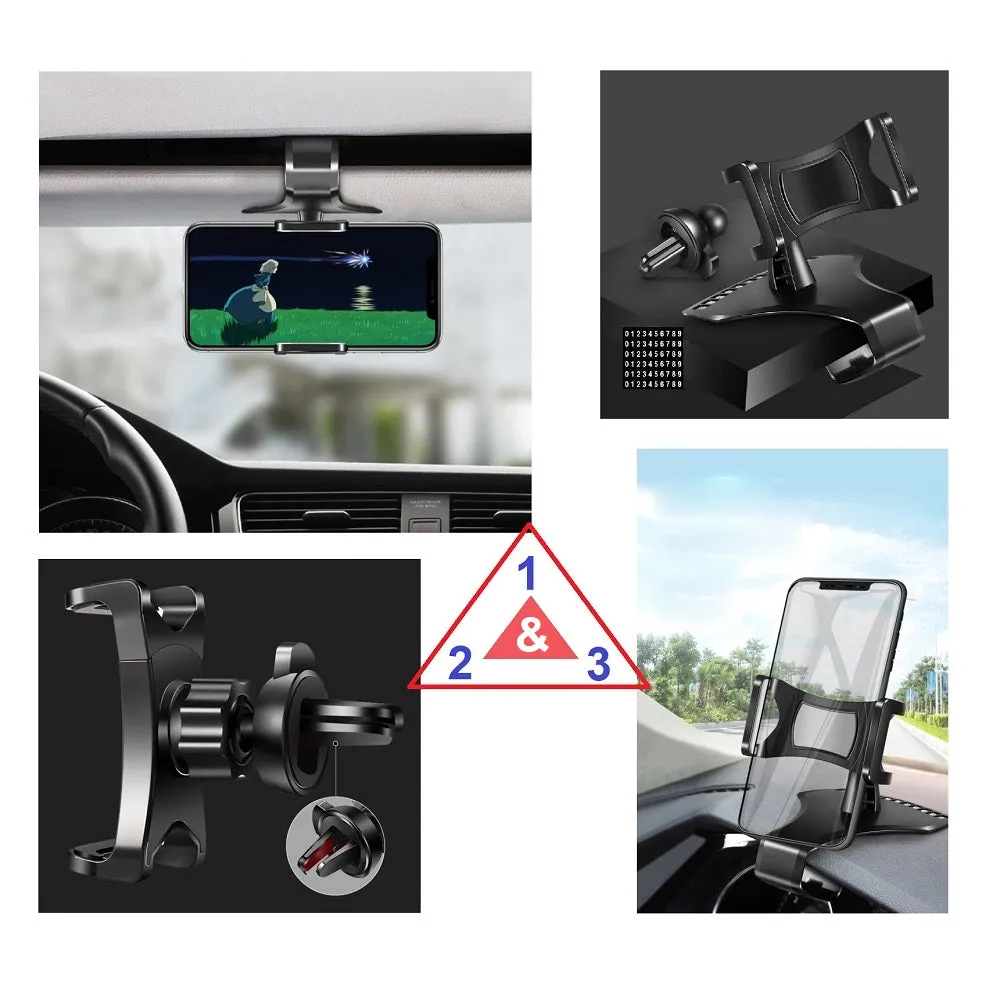3 in 1 Car GPS Smartphone Holder: Dashboard / Visor Clamp   AC Grid Clip for BlackBerry Bold 9790 (RIM Bellagio) - Black