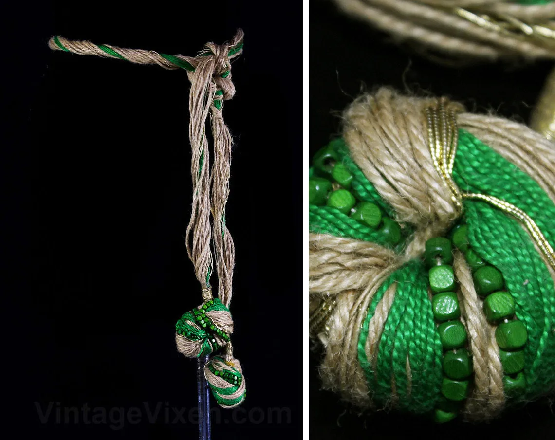 Asian Art-to-Wear Belt in Natural Rope, Green Yarn & Wooden Beads - Medium Size 8 to 10 - Wearable Art - Handmade 1980s Avant Garde Artisan