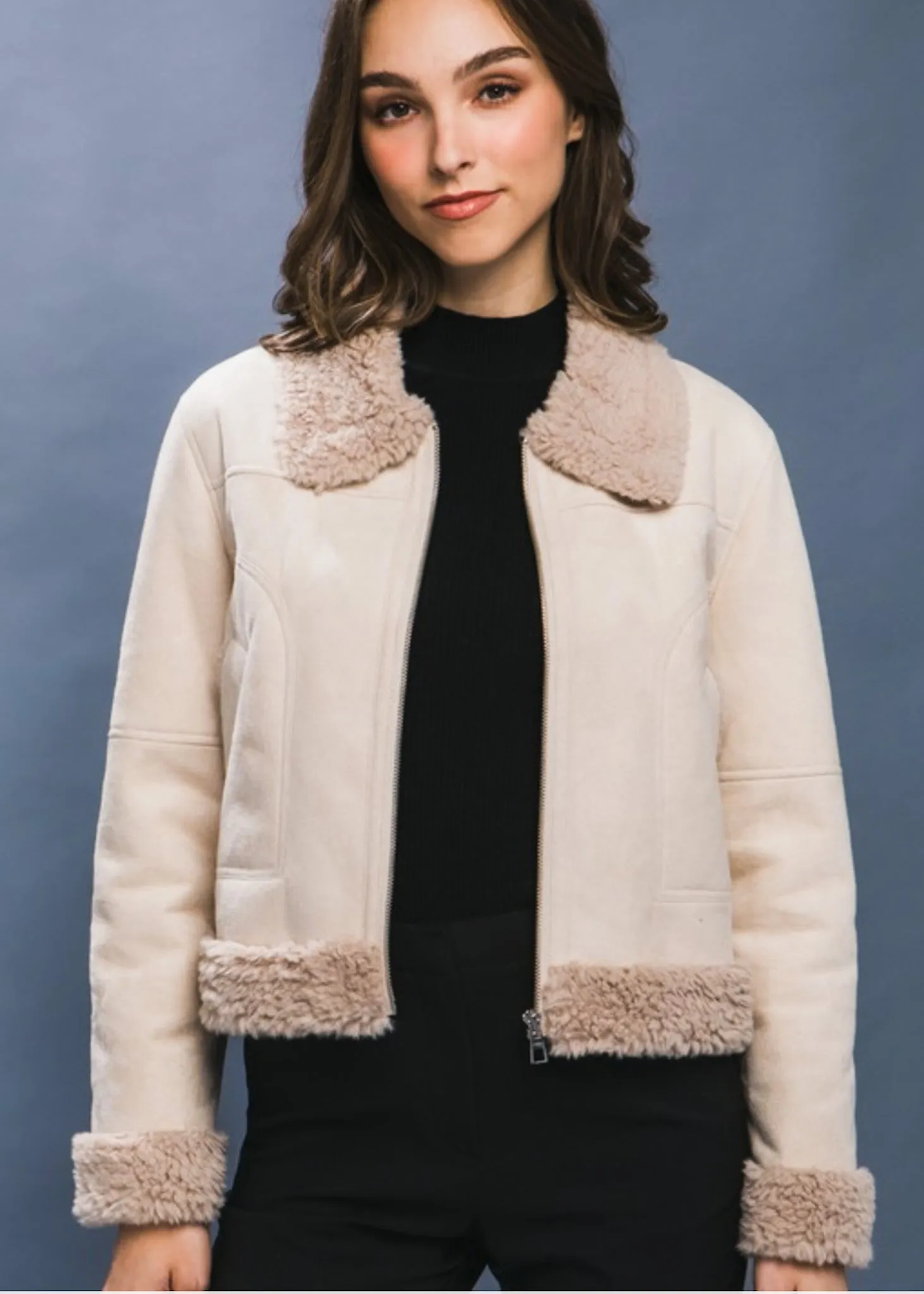 Ava, Womens Cropped, Vegan, Suede and Fur Jacket, Beige