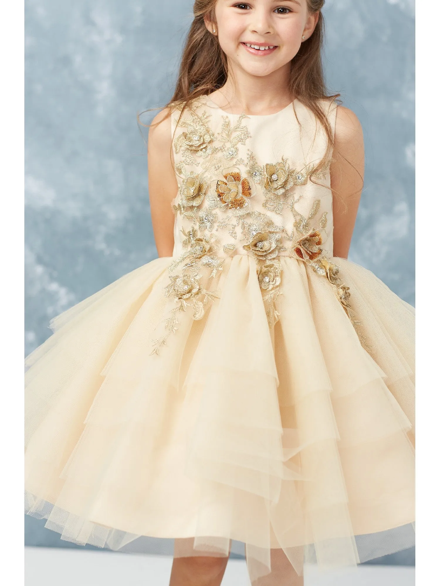 Big Girls Champagne Lace Layered Tulle Pageant Easter Dress 8-14