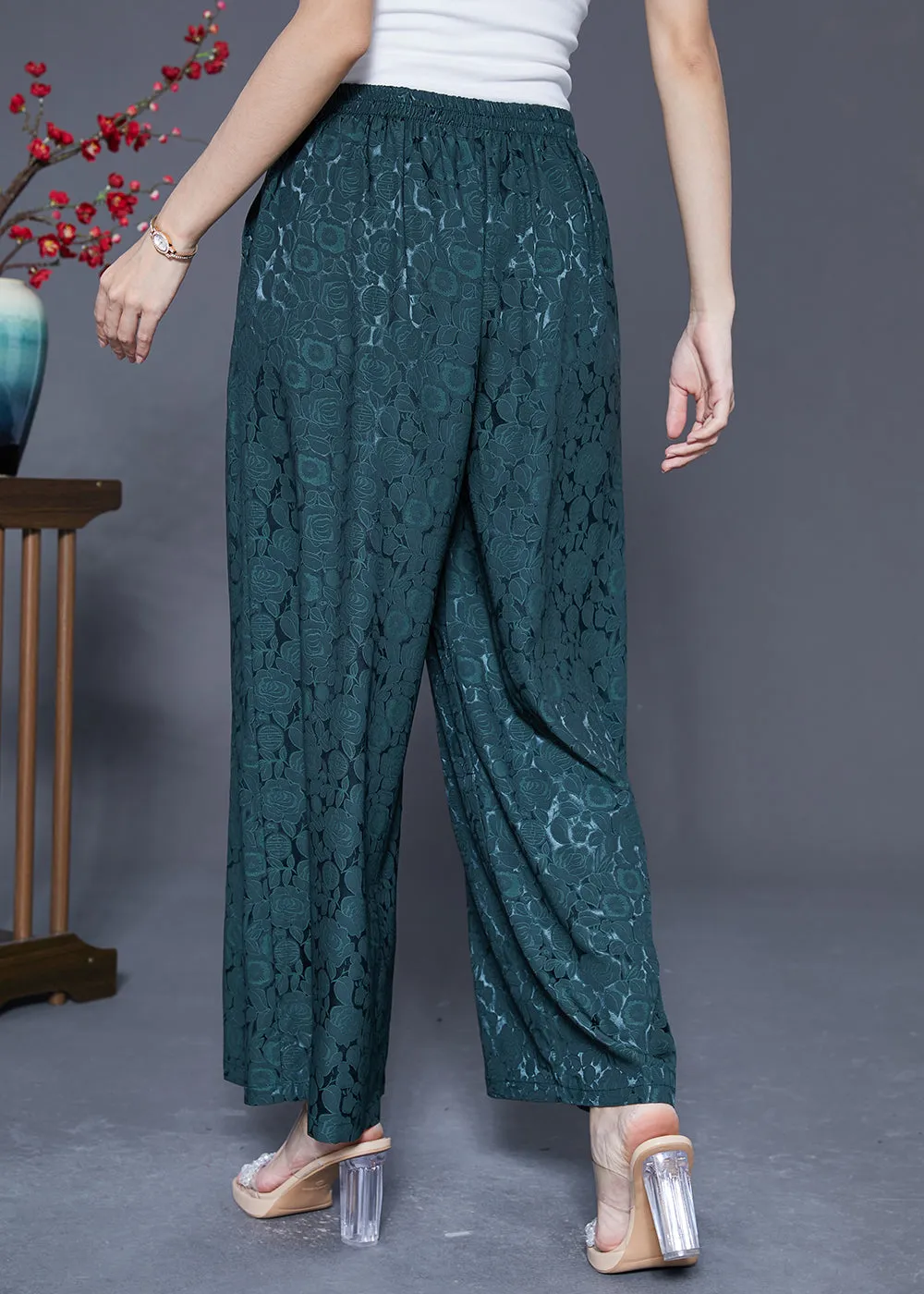Blackish Green Silk Straight Pants High Waist Tassel Summer LY5415