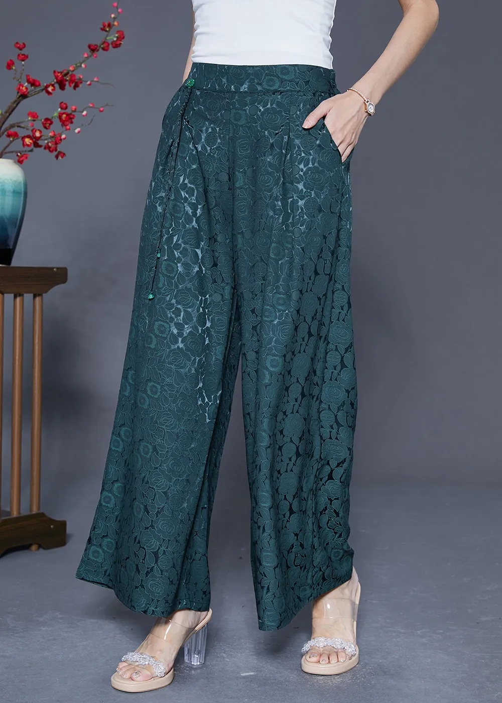 Blackish Green Silk Straight Pants High Waist Tassel Summer LY5415