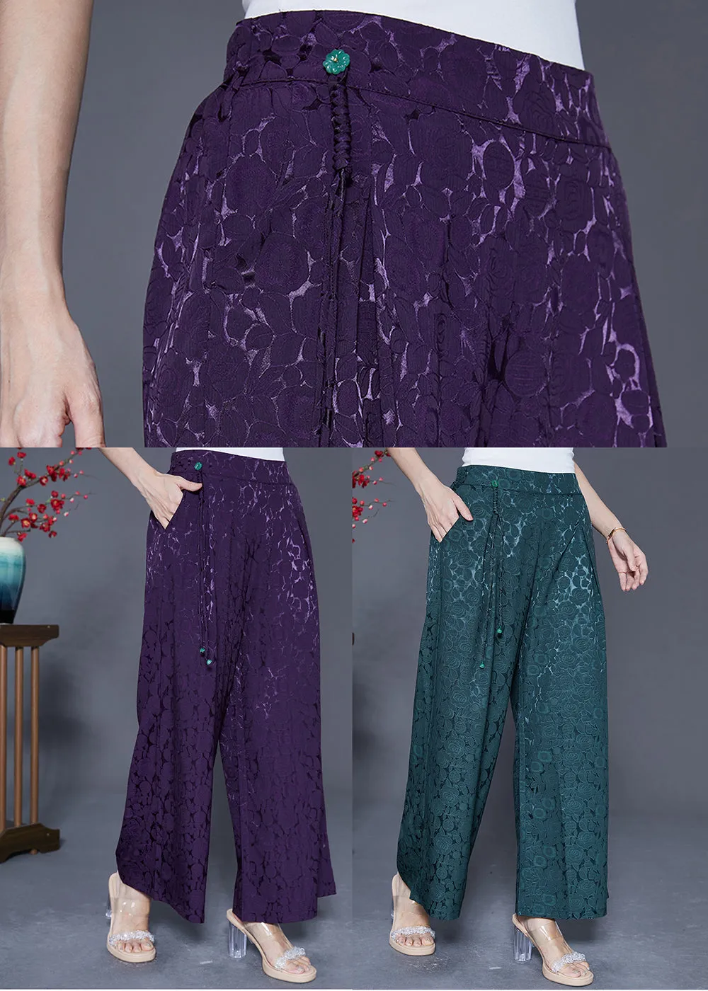 Blackish Green Silk Straight Pants High Waist Tassel Summer LY5415