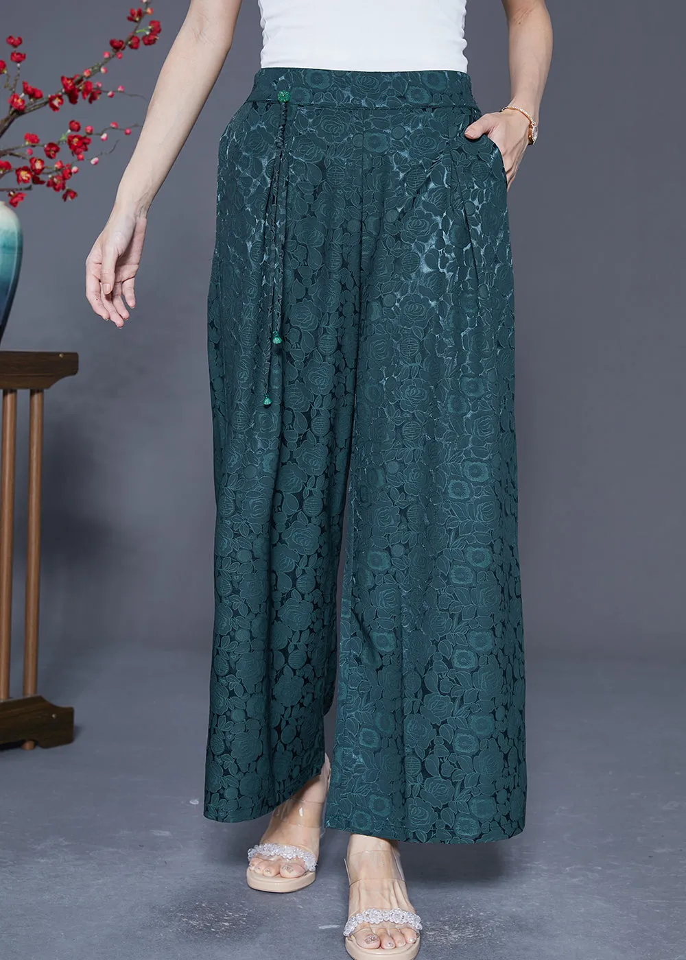 Blackish Green Silk Straight Pants High Waist Tassel Summer LY5415