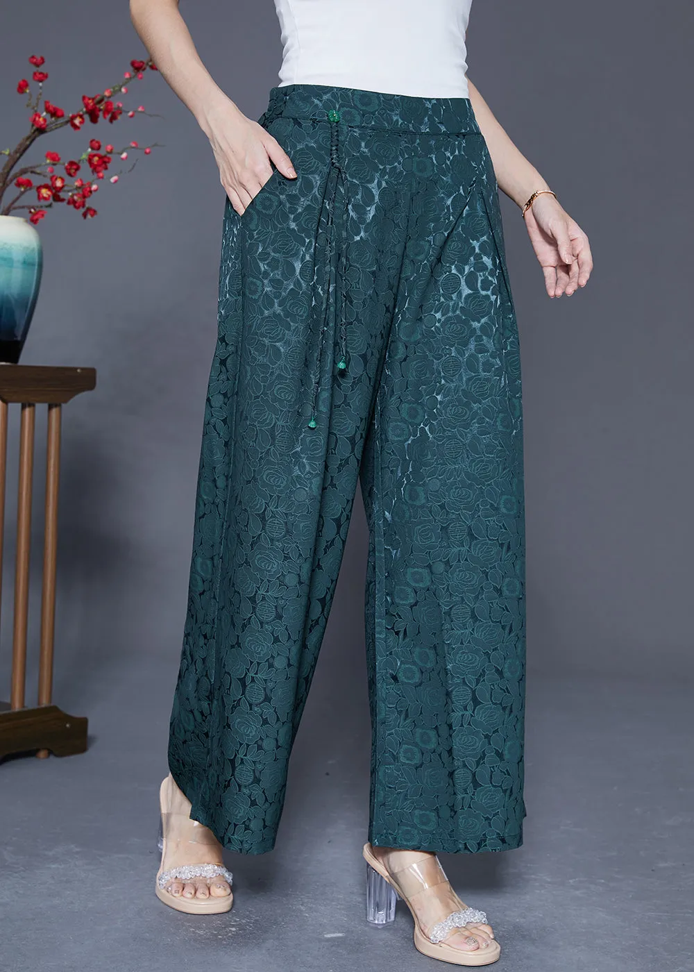 Blackish Green Silk Straight Pants High Waist Tassel Summer LY5415