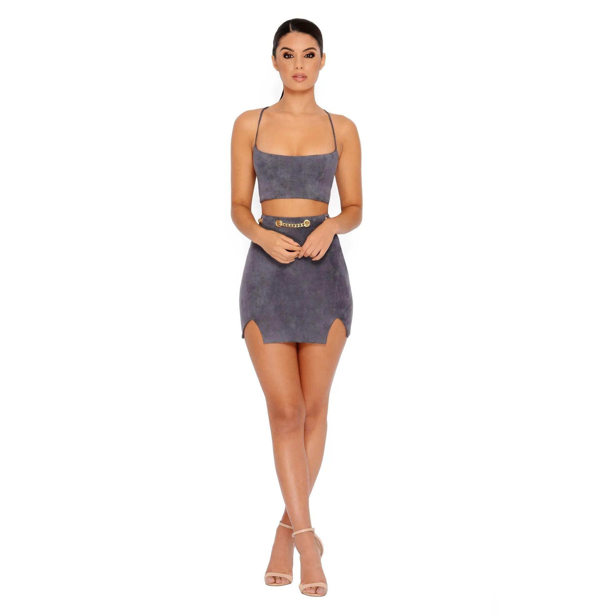 Chain Reaction Suede Mini Skirt in Grey