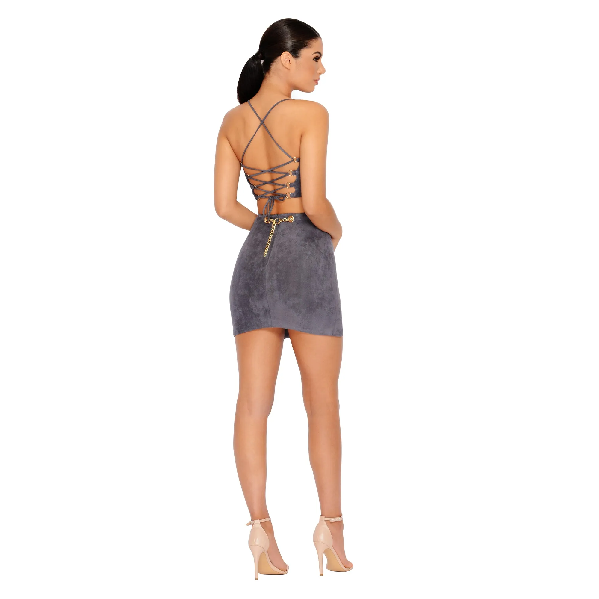 Chain Reaction Suede Mini Skirt in Grey