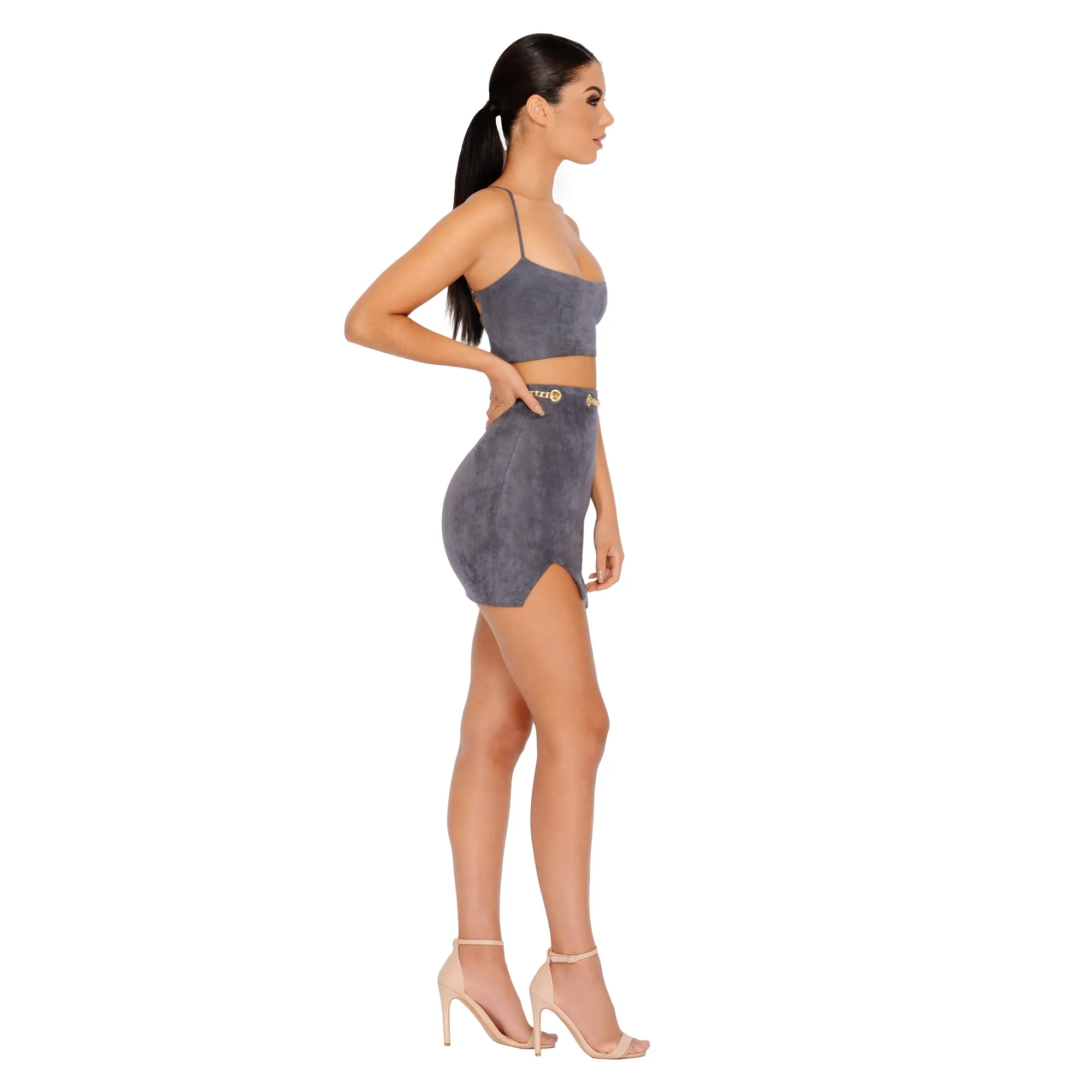 Chain Reaction Suede Mini Skirt in Grey
