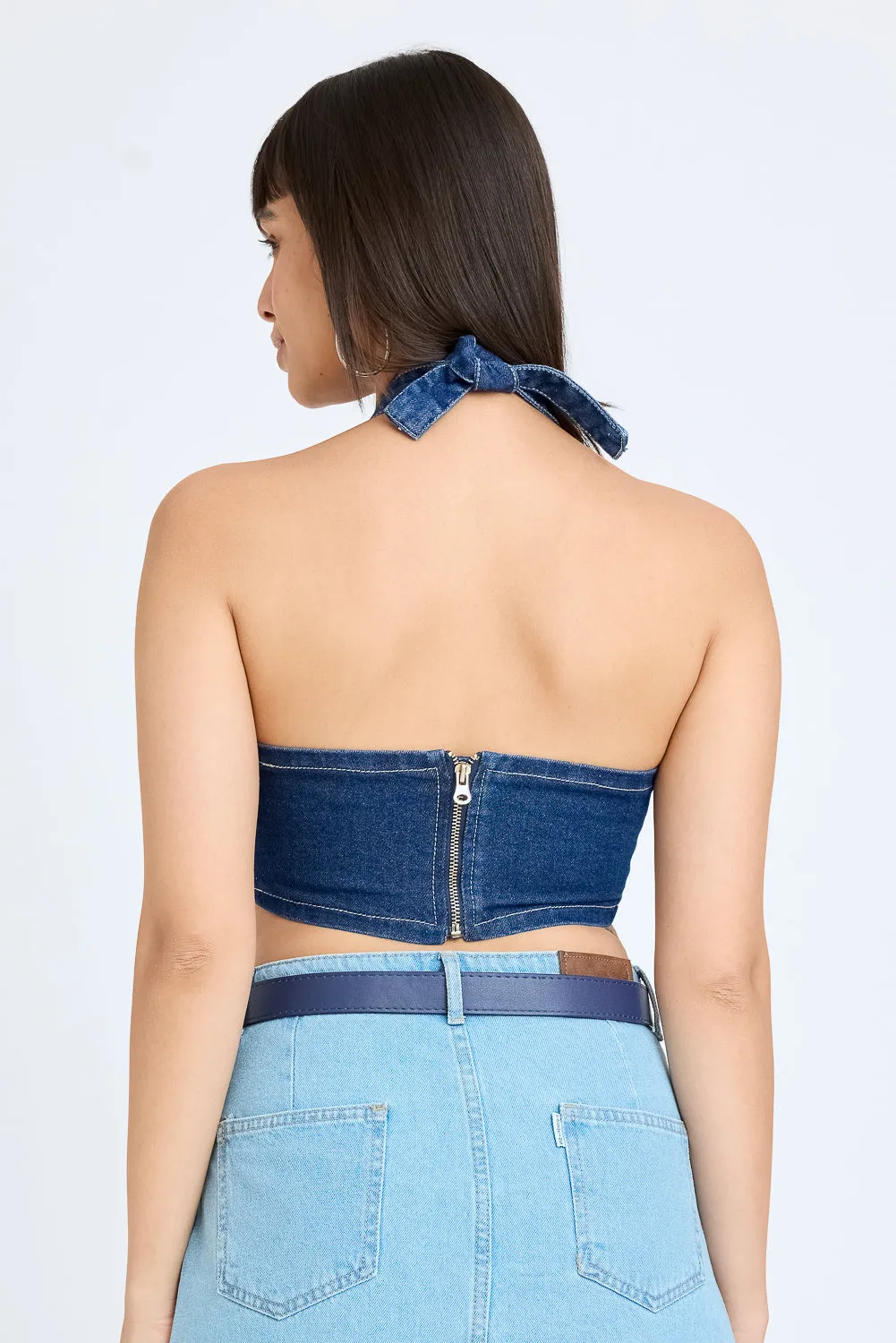Contrast Stitch Denim Halter Top