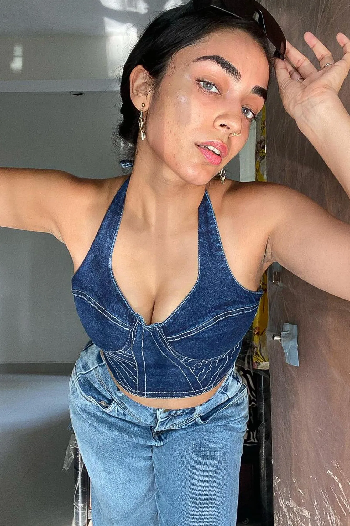 Contrast Stitch Denim Halter Top