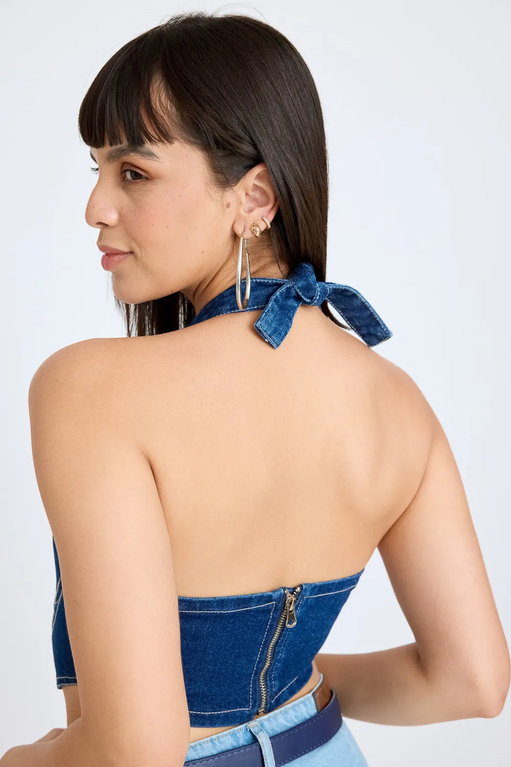 Contrast Stitch Denim Halter Top
