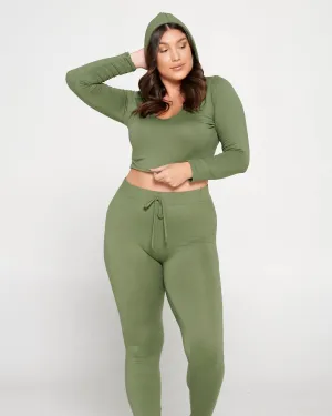 Crop Pullover Hoodie and Sweatpants Set | Moss