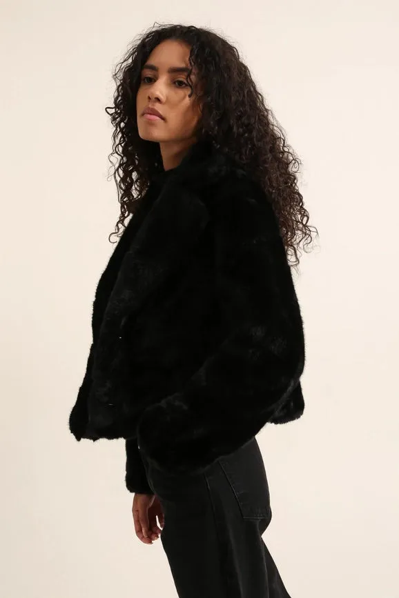 Cropped Jacket Synthetic Fur with Lapel Collar Black