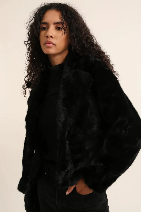 Cropped Jacket Synthetic Fur with Lapel Collar Black