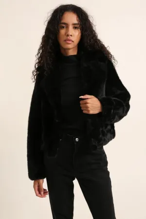 Cropped Jacket Synthetic Fur with Lapel Collar Black