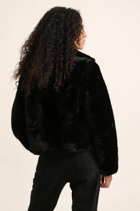Cropped Jacket Synthetic Fur with Lapel Collar Black