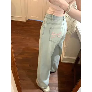 Denim Pink Pocket Charming Bow Embroidery Jeans