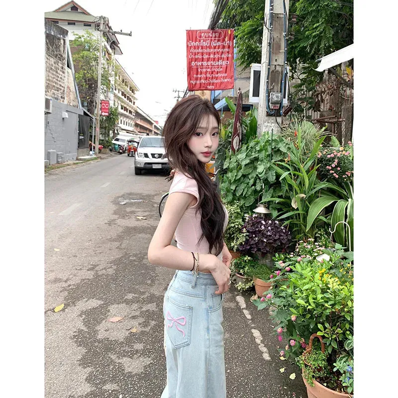 Denim Pink Pocket Charming Bow Embroidery Jeans
