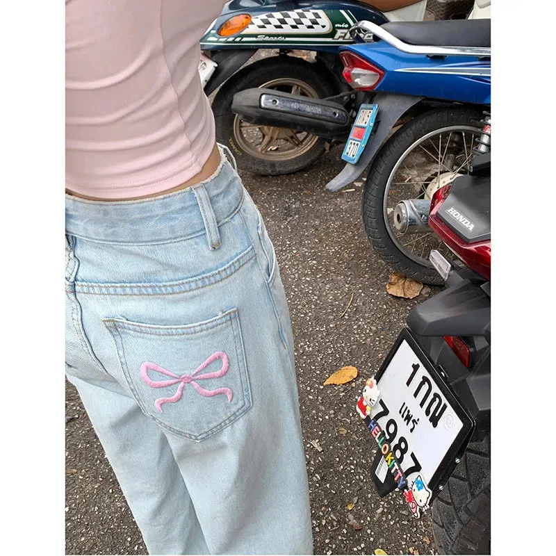 Denim Pink Pocket Charming Bow Embroidery Jeans