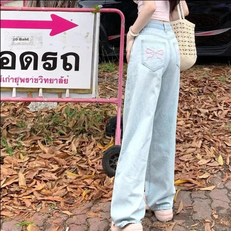 Denim Pink Pocket Charming Bow Embroidery Jeans