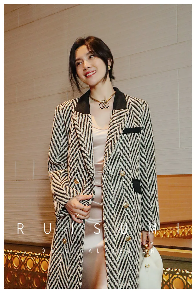 Design sense niche high-end black and white herringbone stitching classic suit collar  long coat- Duli