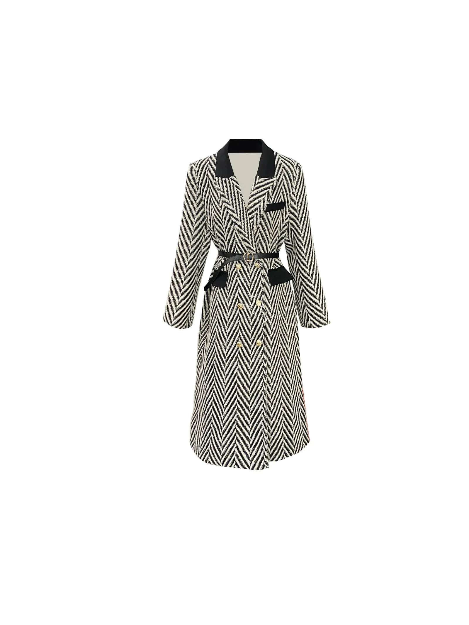 Design sense niche high-end black and white herringbone stitching classic suit collar  long coat- Duli