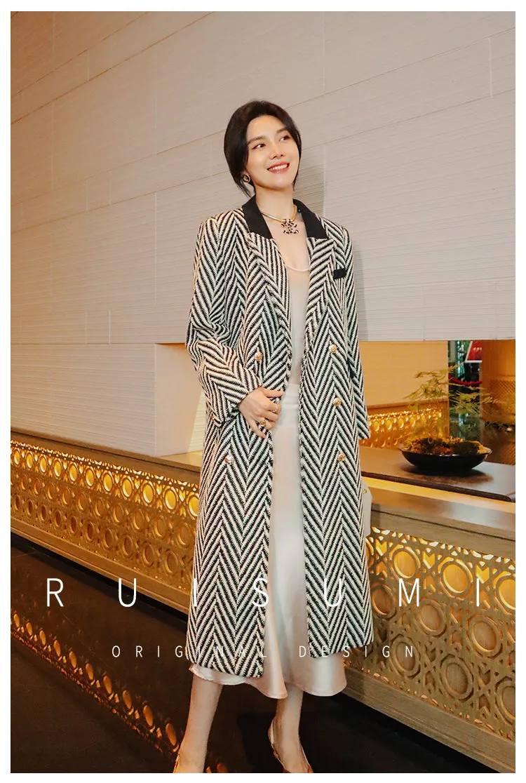 Design sense niche high-end black and white herringbone stitching classic suit collar  long coat- Duli
