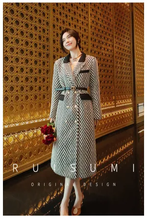 Design sense niche high-end black and white herringbone stitching classic suit collar  long coat- Duli