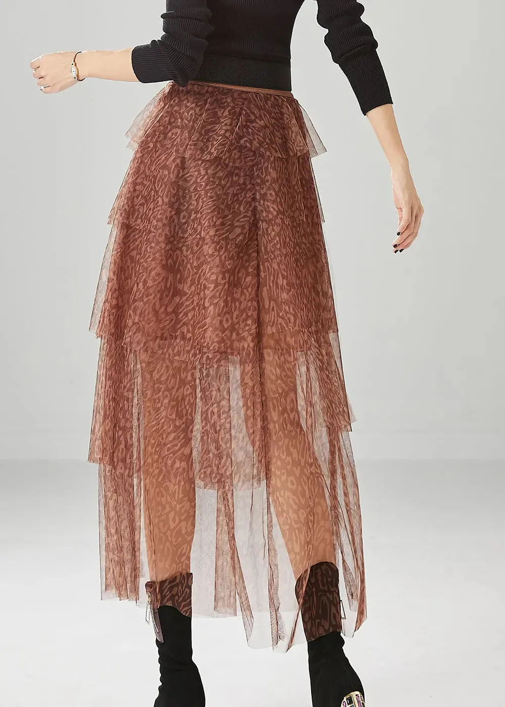 Diy Brick Red Layered Design Print Tulle Skirt Summer ML0479