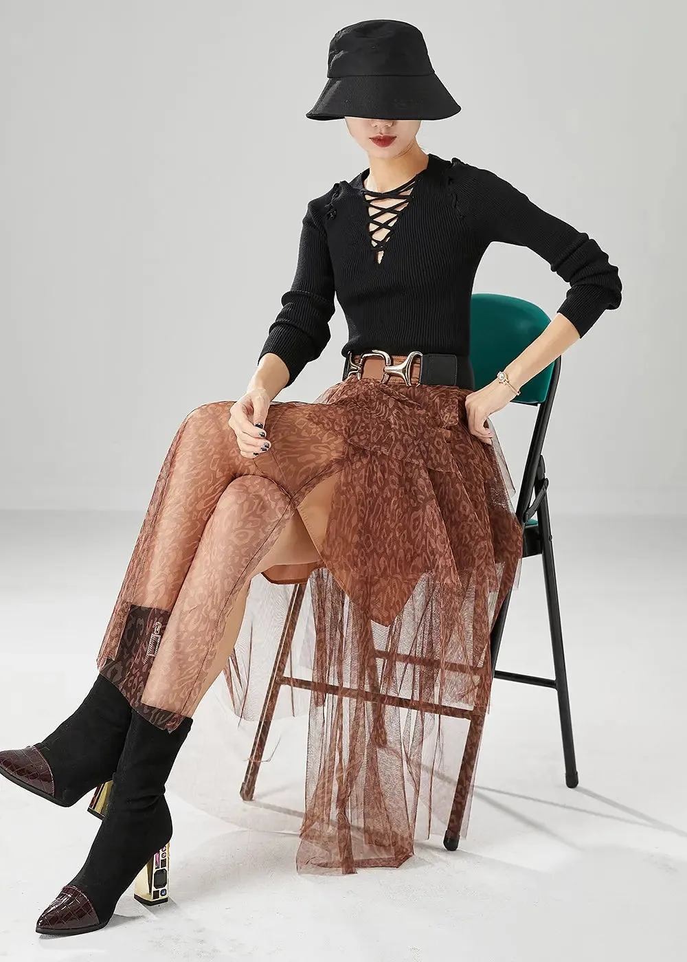 Diy Brick Red Layered Design Print Tulle Skirt Summer ML0479