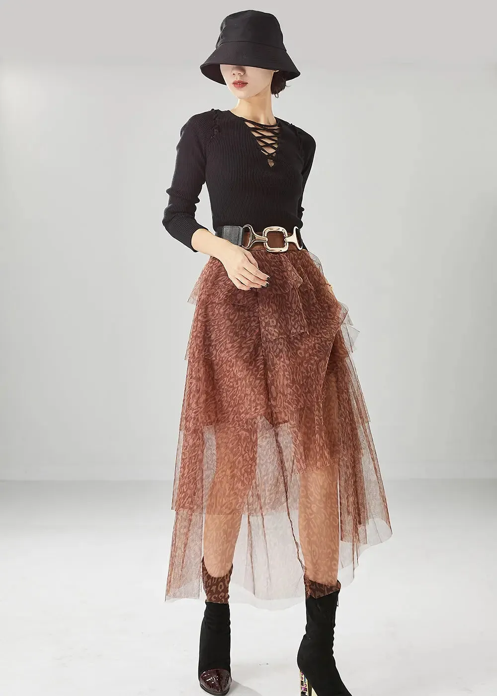Diy Brick Red Layered Design Print Tulle Skirt Summer ML0479