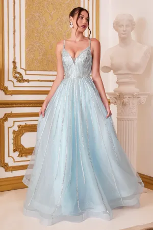 Elegant Long Gown with Deep Neckline and Shimmery Skirt Overlay Ladivine CD940
