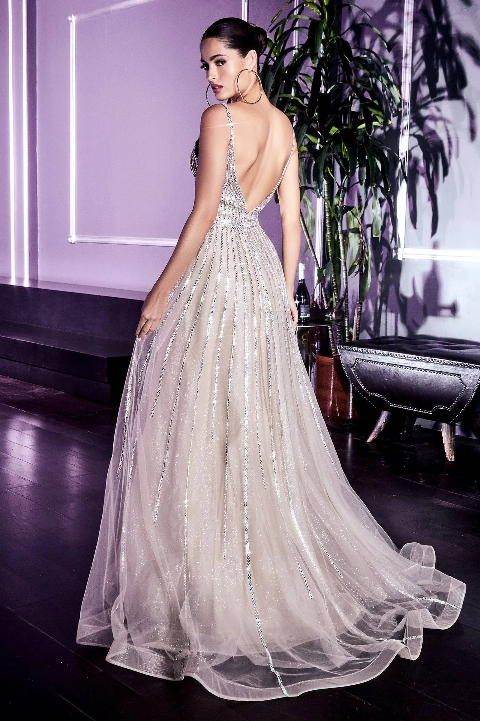 Elegant Long Gown with Deep Neckline and Shimmery Skirt Overlay Ladivine CD940