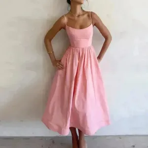 Elegant Solid Color Spaghetti Strap Suspender Skirt Dress Midi Skater Dress for Women