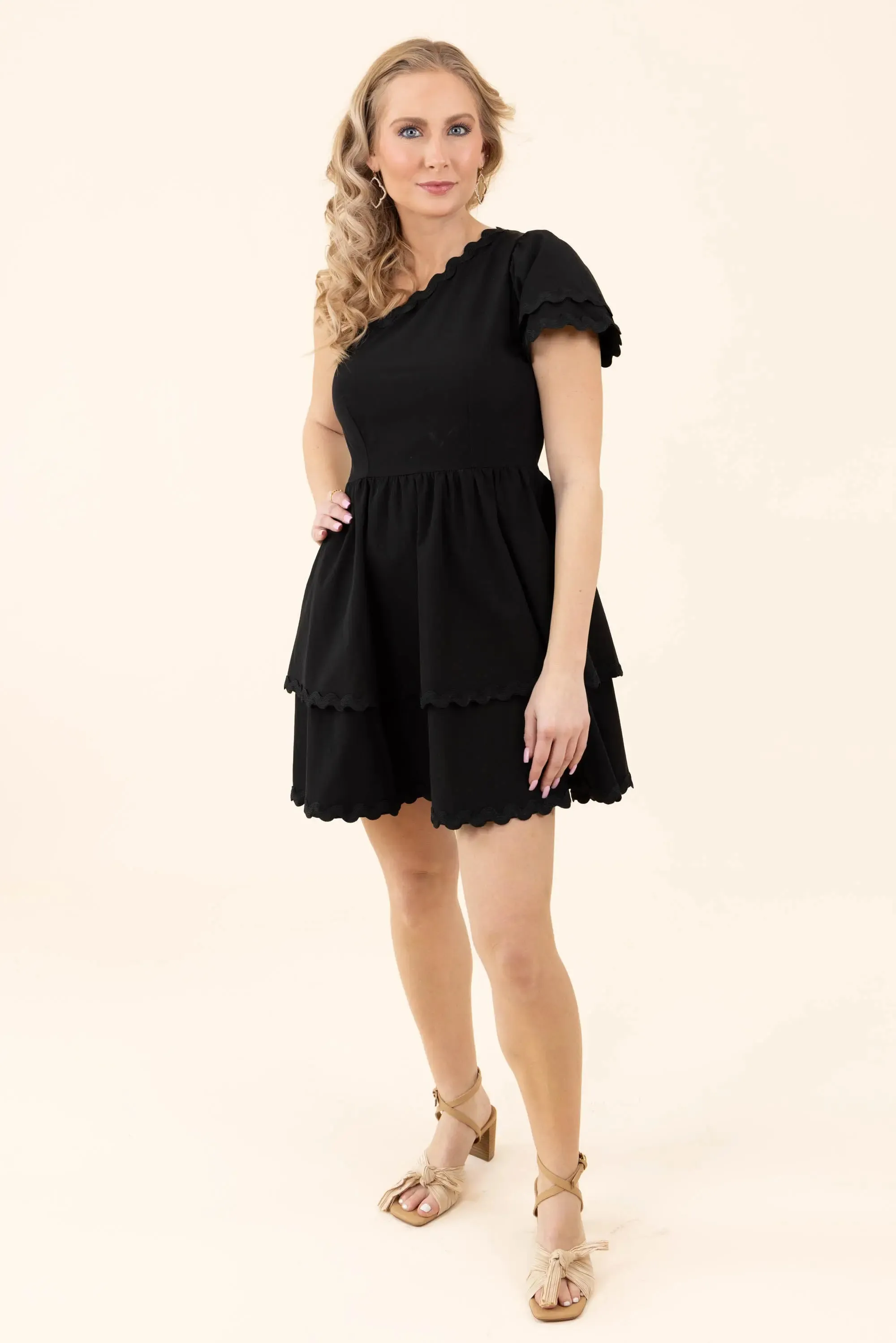Flirty Noir Fantasy Tiered One Shoulder Mini Black Dress