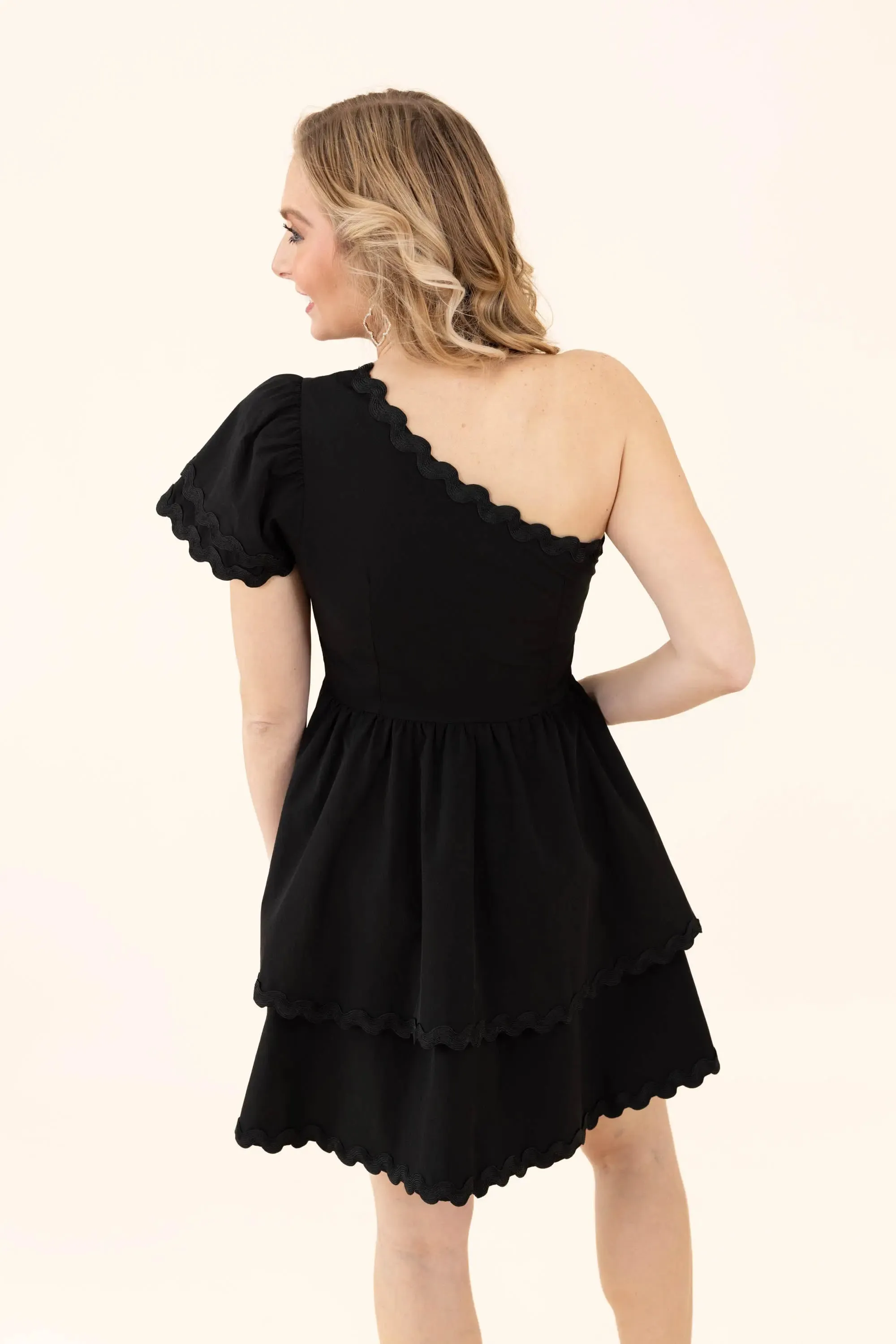 Flirty Noir Fantasy Tiered One Shoulder Mini Black Dress