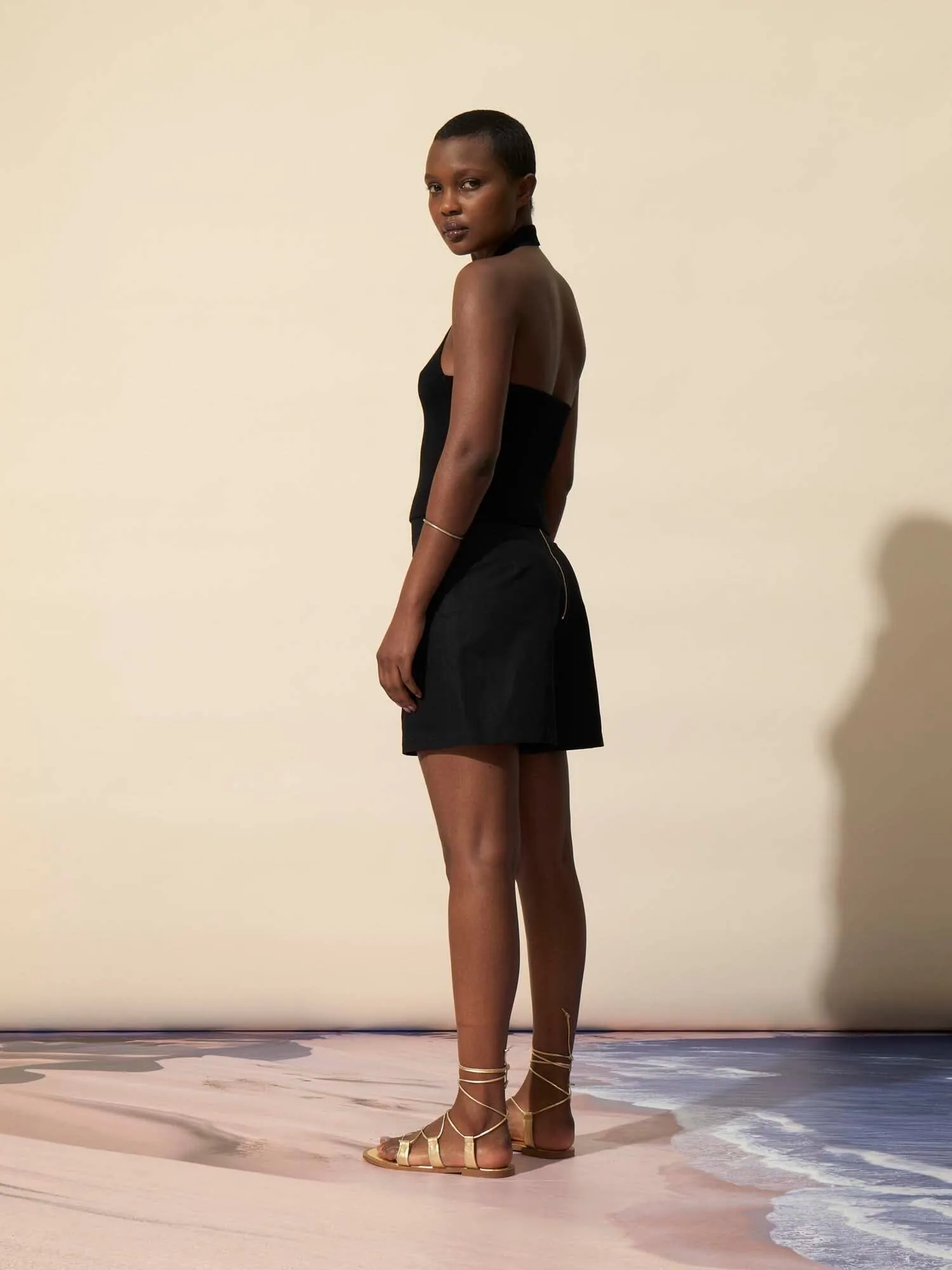 GIULIA - Short large taille haute en lin coton Noir