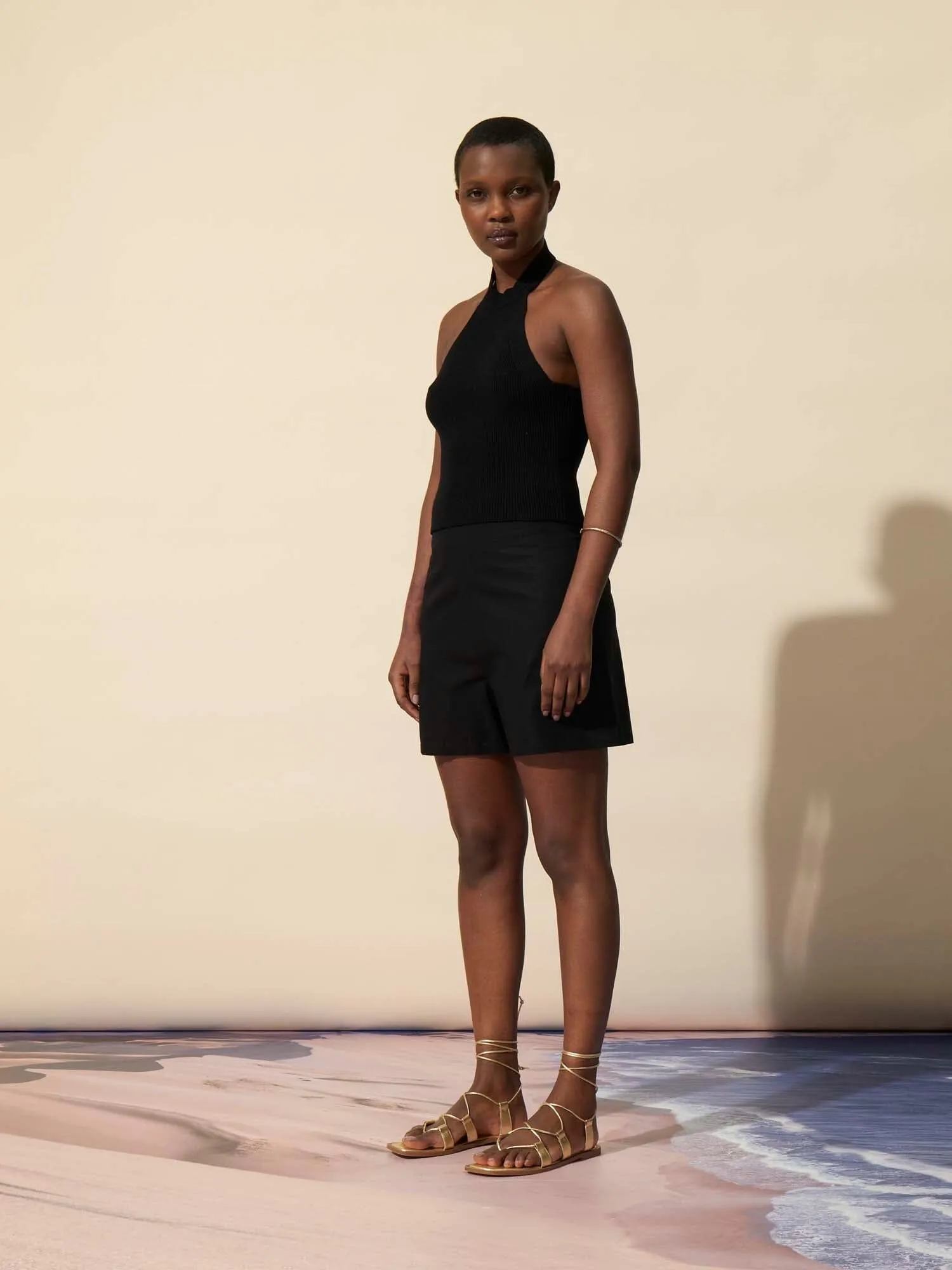 GIULIA - Short large taille haute en lin coton Noir