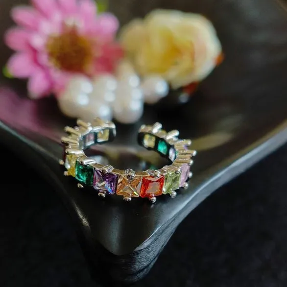 Gold/Silver Plated Square Shaped Multi Colour Baguette Adjustable Finger Ring