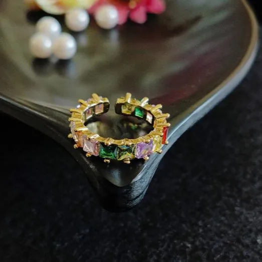Gold/Silver Plated Square Shaped Multi Colour Baguette Adjustable Finger Ring