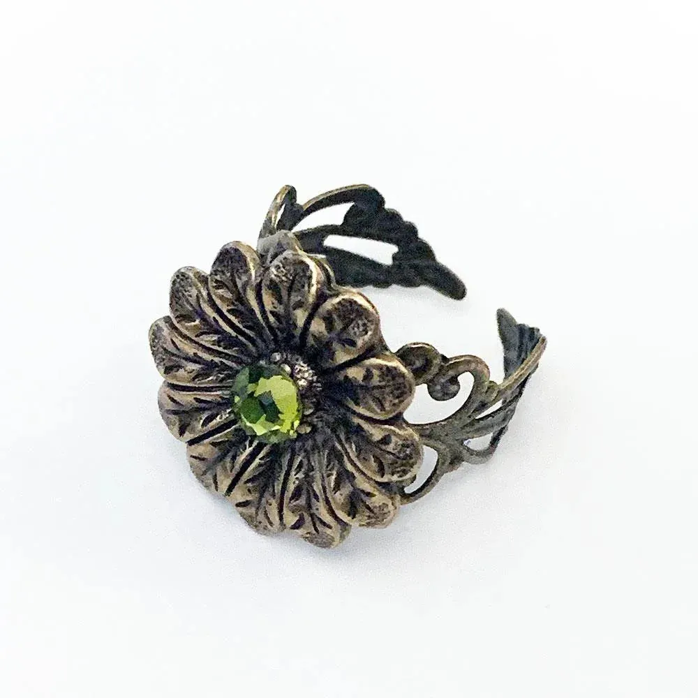 Green Crystal Victorian Floral Ring