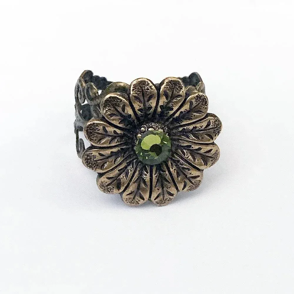 Green Crystal Victorian Floral Ring
