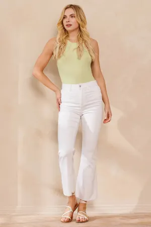 HIGH RISE WHITE CROPPED KICK FLARE WITH RAW CUT HEM