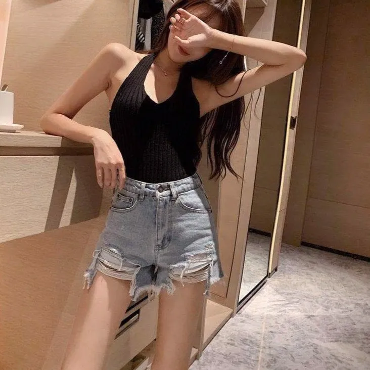High Waist Denim Shorts With Ripped Accents