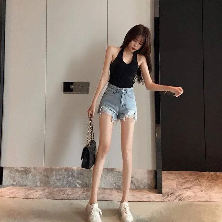 High Waist Denim Shorts With Ripped Accents