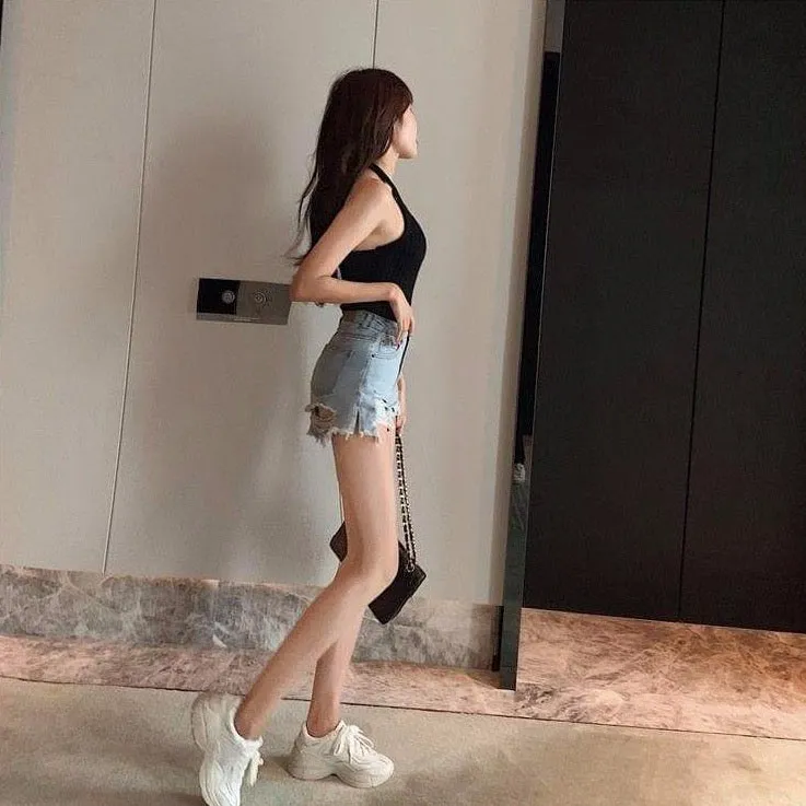 High Waist Denim Shorts With Ripped Accents