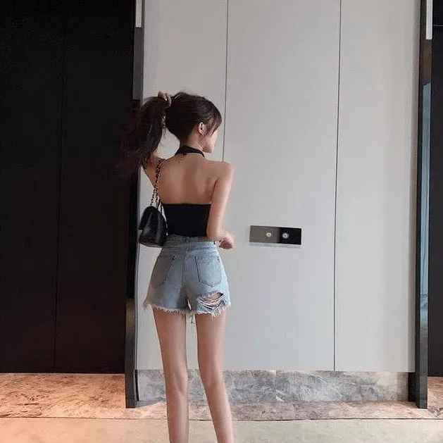 High Waist Denim Shorts With Ripped Accents