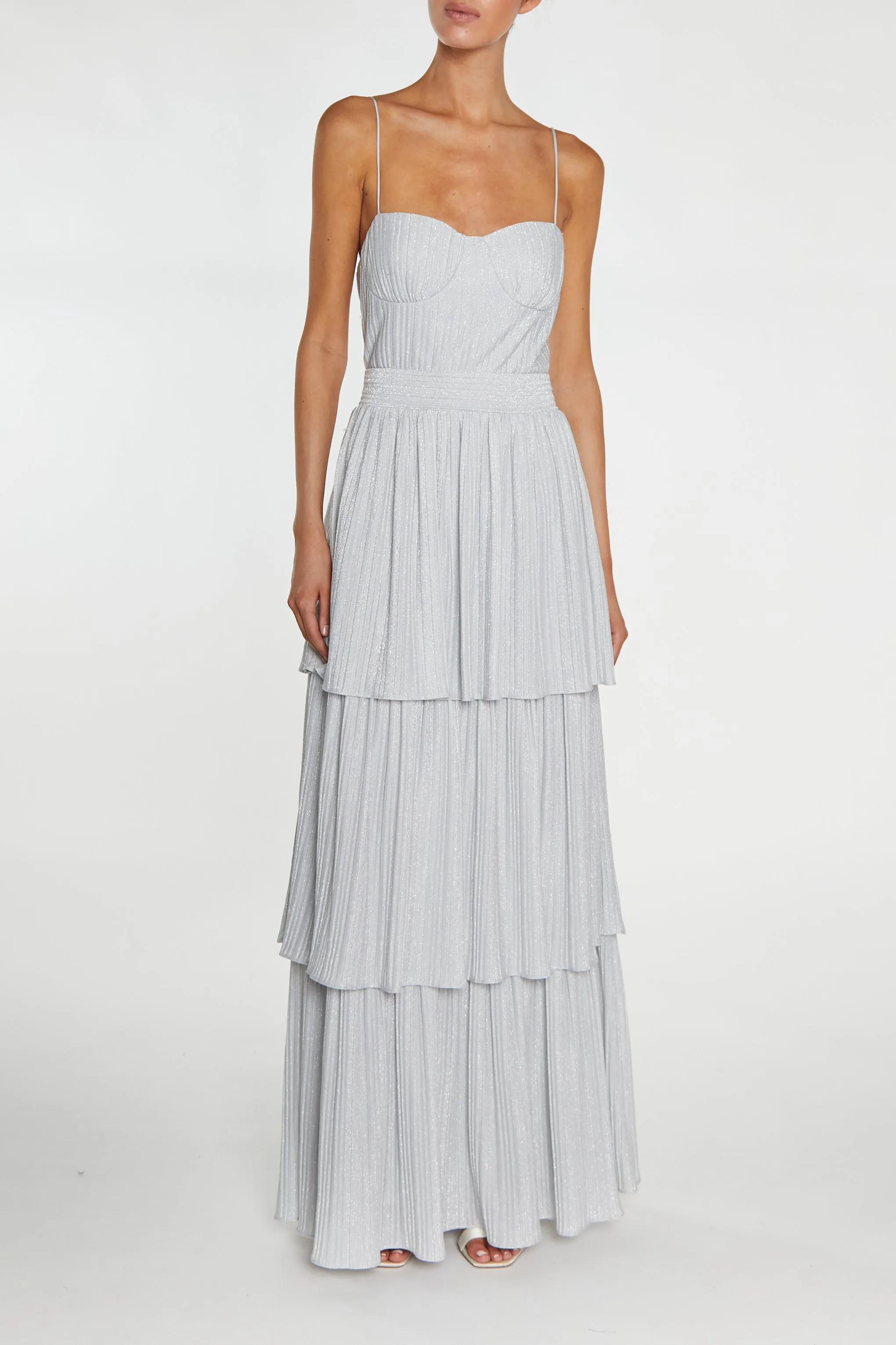 Jayda Silver Pleated Metallic Tiered Maxi Dress
